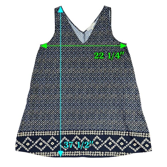 LOFT Linen Blend Blue Batik Border Mosaic Pocket Swing Dress Boho Tribal - Picture 3 of 9